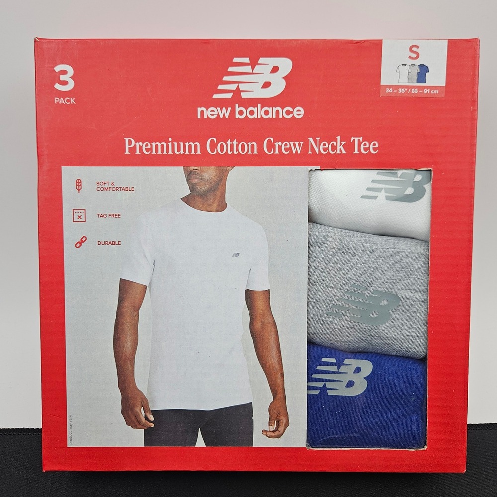 New Balance Mens 3 Pack Premium‎ Cotton Crew Neck TShirt Size S White Grey Royal